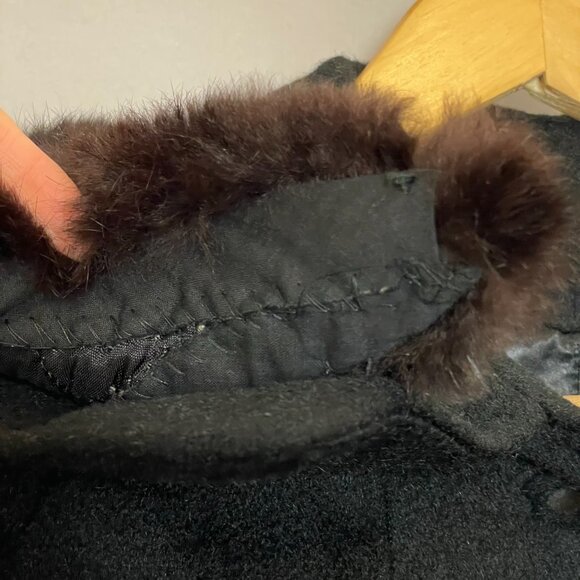 Vintage 50s 60s Wool Coat Fur Collar Black Women Union Made‎ Overcoat Retro - Picture 9 of 16
